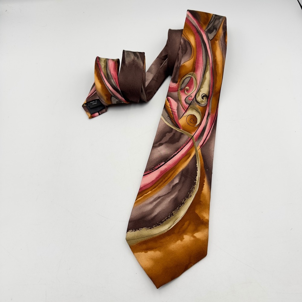 J Garcia Snail Garden Silk Tie Collection Fifty-Four Brown Gold Pink Abstract‎